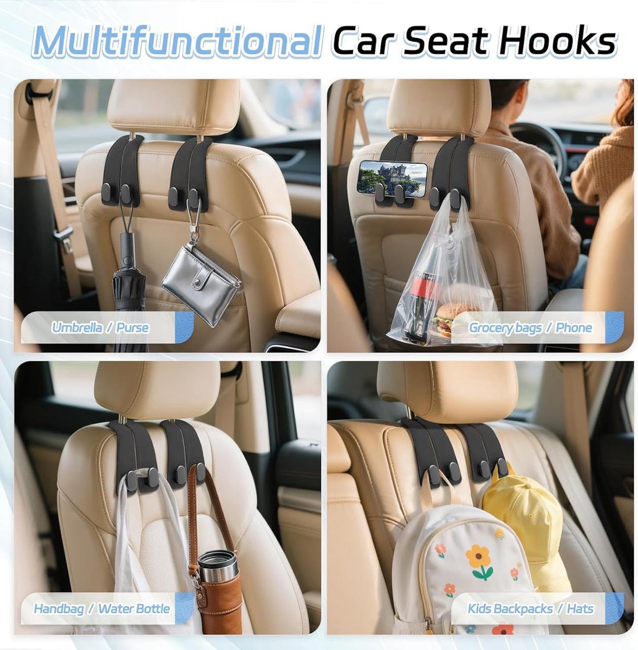 Car Seat Headrest Hook Organizer (Leather Strap Multi-Hanger)